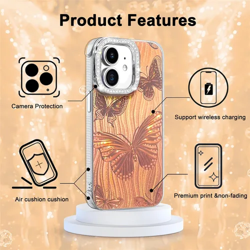 Miniatura 5 de I-MGAE-IN-AR Funda compacta para iPhone 11, diseño de mariposa, marco de protección de lente de cámara con diamante 3D, bonitas fundas protectoras
