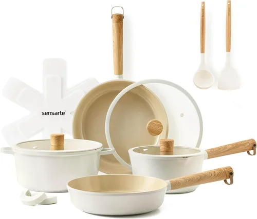 SENSARTE Juego de utensilios de cocina antiadherentes de cerámica, no tóxicos, juego de ollas y sartenes saludables de cerámica con mango que se