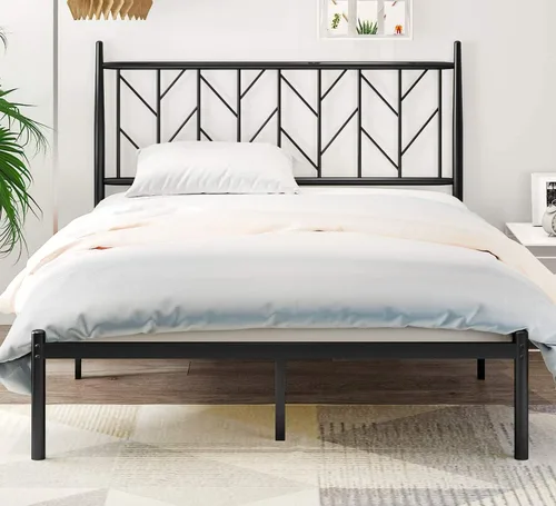 Miniatura 3 de SHA CERLIN Base de cama de metal con cabecera vintage, plataforma resistente con postes redondos, 12 pulgadas debajo de la cama para almacenamiento