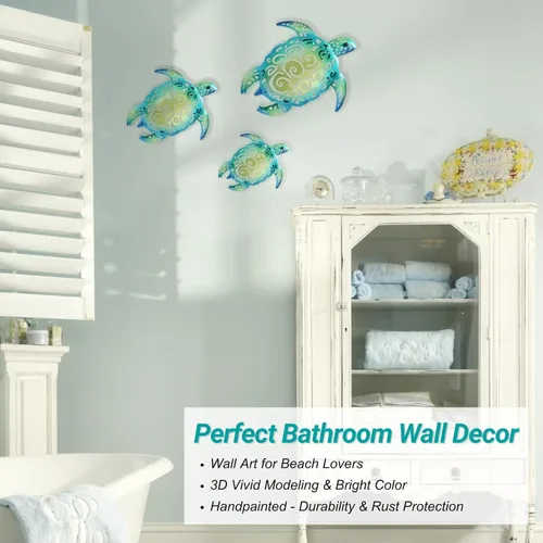 Miniatura 3 de YOUIN Juego de 3 decoraciones de pared de metal con temática de tortuga marina y playa, decoración de pared para interiores y exteriores, baño