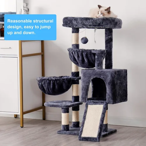 Miniatura 8 de Hey-brother Árbol para gatos, torre para gatos de interior, casa para gatos con cama acolchada grande, acogedor condominio, hamacas, postes Gris