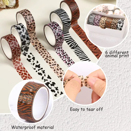 Miniatura 4 de DREMISI 6 rollos de calcomanías de cinta washi con estampado de animales, guepardo, vacas, cebra, jirafa, leopardo, cinta adhesiva decorativa