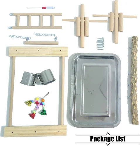 Miniatura 2 de PINVNBY Parque infantil para pájaros, soporte de madera para ejercicio, perca, gimnasio, escalera, con comedero, columpio, juguetes para periquitos