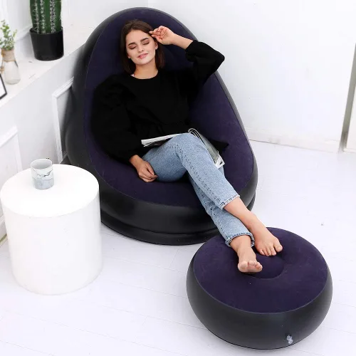 Miniatura 2 de Sofá inflable de ocio y reposapiés plegable al aire libre, tumbona sofá flocado (caqui)