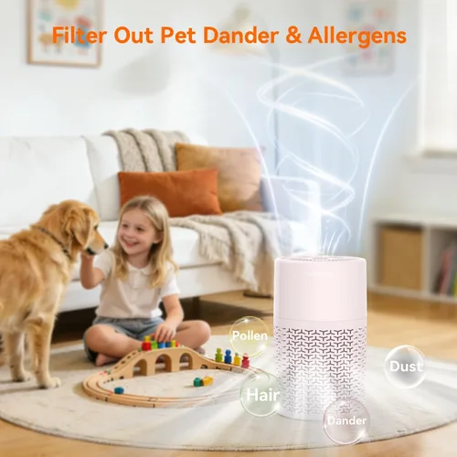 Miniatura 3 de AIRROMI Purificador de aire para mascotas para alergias en el hogar, hasta 660 pies cuadrados, filtro de carbón activado desodorizante HEPA, con Rosa