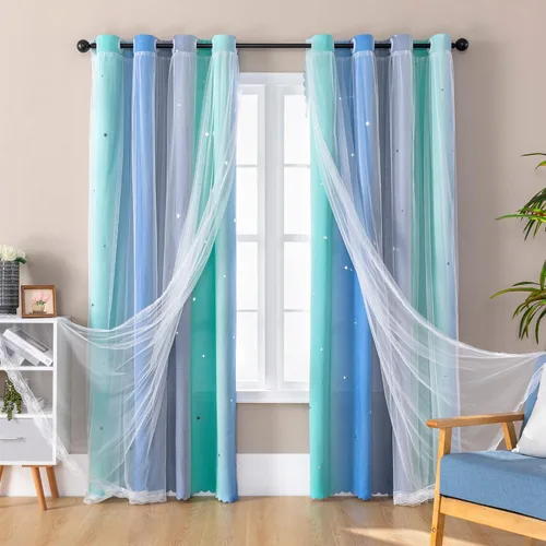 XiDi Cortinas opacas con estrellas para habitaciones de niños, cortinas verdes para ventana de dormitorio de niños, azul y gris, 52 pulgadas de Azul