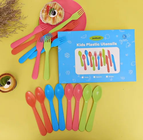 Miniatura 2 de Jawbush 16 utensilios de plástico para niños, utensilios de alimentación reutilizables para niños pequeños con 8 tenedores y 8 cucharas, coloridos