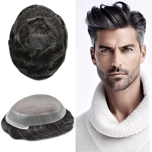 Miniatura 42 de Monofilamento fino para hombre, sistema de cabello humano Remy, piel de polietileno transparente alrededor del postizo de monofilamento, peluca