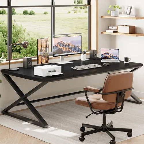 Miniatura 7 de IBF Escritorio Negro, Escritorio de Trabajo Grande para Oficina en Casa, Escritorios de Computadora de 78.7" de Largo, Escritorio de Estudio y Roble