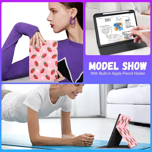 Miniatura 6 de Uppuppy Funda para Samsung Galaxy Tab S6 Lite de 10.4 pulgadas para niños y niñas, folio kawaii femenino, diseño de fresa, funda única para tableta