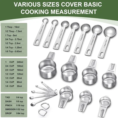 Miniatura 2 de EWFEN Juego de tazas y cucharas medidoras, 7 tazas medidoras de acero inoxidable y 7 cucharas, 5 mini cucharas medidoras y 2 anillos desmontables