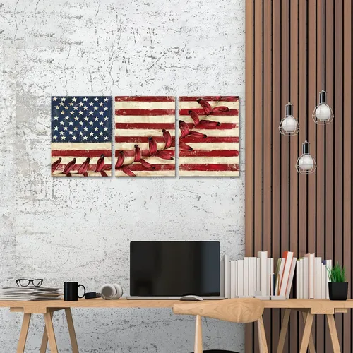 Miniatura 3 de Artsbay Arte de pared con bandera estadounidense roja, lienzo con costuras de béisbol, cuadros modernos, retro, deportes, obras de arte