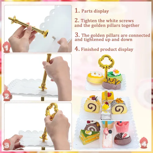 Miniatura 4 de 6 juegos de 3 niveles de soporte para cupcakes de fiesta de té, platos de postre de plástico blanco para cupcakes, bandejas cuadradas para tartas