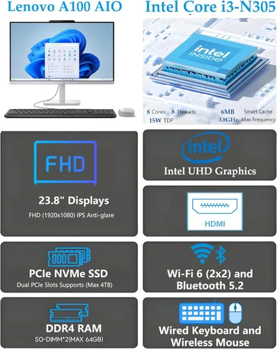 Miniatura 2 de Lenovo IdeaCentre 23.8 Intel i3-N305 AIO Computadora de sobremesa, 8 GB DDR4 RAM, 512 GB PCIe SSD, WiFi 6 BT 5.2 HDMI RJ-45, Office 365, FHD de 24