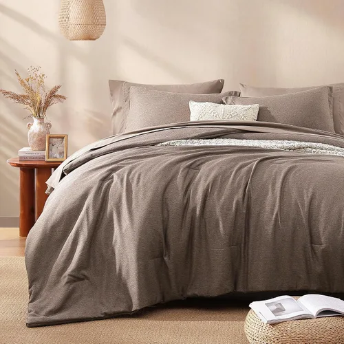 Geniospin Juego de edredón de tamaño matrimonial – Juego de ropa de cama de 7 piezas, color marrón, juego de cama sólido para todas las estaciones,