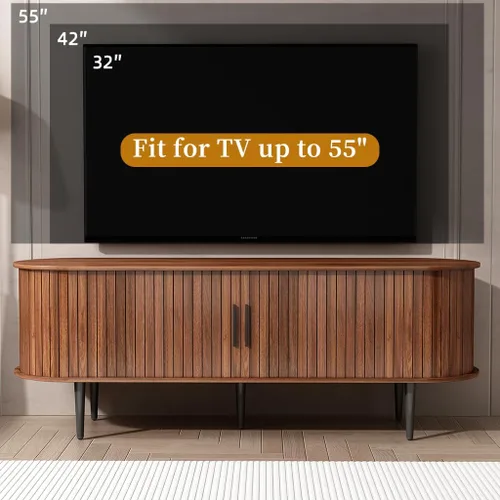 Miniatura 3 de Soporte de TV acanalado moderno de mediados de siglo, soporte de TV de nogal para TV de 55 pulgadas, centro de entretenimiento de madera con puertas