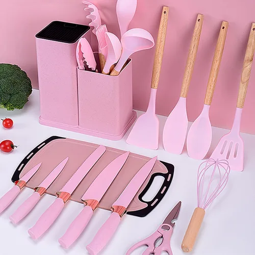 Miniatura 2 de Caliamary - Juego de utensilios de cocina de silicona de 19 piezas con soporte y juego de cuchillos de cocina para cocinar, antiadherentes