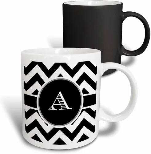 Miniatura 11 de 3dRose Taza azul de dos tonos con monograma de cheurón en blanco y negro con inicial A de 11 oz