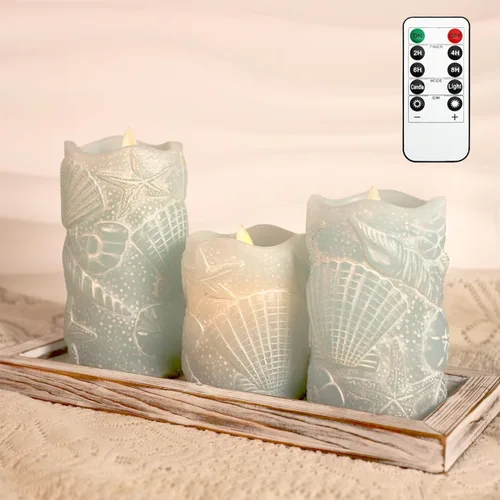 Miniatura 4 de MELTONE Velas LED sin llama azul océano con mecha parpadeante con carcasa de cera real con control remoto, decoración náutica de fiestas de boda