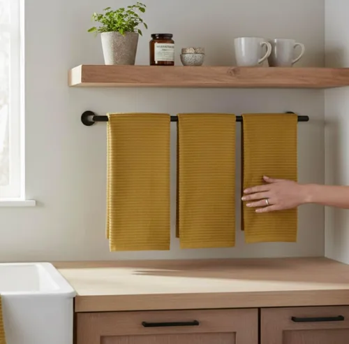 Miniatura 3 de Serafina Home Paños de cocina a cuadros amarillo mostaza: paño de 100 % algodón, suave, para limpieza y secado, absorbente, de rizo, con asa, juego
