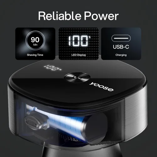 Miniatura 8 de yoose Maquinilla de afeitar eléctrica IPX7 para hombres calvos, diseño ergonómico, USB-C, uso de 90 minutos, 5 cabezales de corte flotantes, control