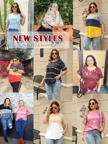 Miniatura 4 de VISLILY Camisetas casuales de verano de manga corta con abertura lateral para mujer, talla extragrande 1X-4X