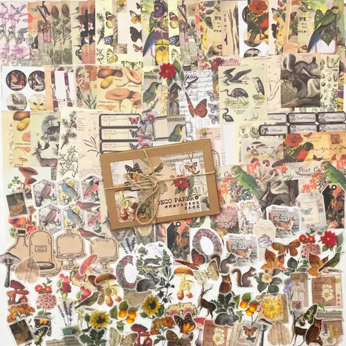 BLEDS - Kit de 200 pegatinas para álbum de recortes y papel estético para diario con flores, frutas y mariposas para diarios de basura, etiquetas de