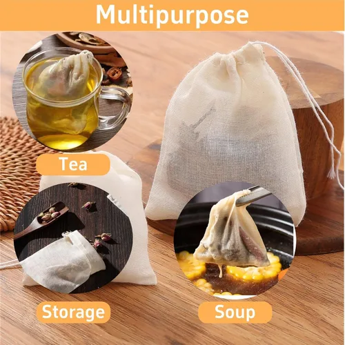 Miniatura 4 de Paquete de 50 bolsas de muselina de algodón natural reutilizables con cordón, bolsas de té reutilizables sin blanquear, bolsas de especias