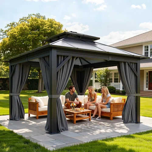 YITAHOME Cenador de policarbonato de 10 x 10 pies para patio al aire libre, doble techo de hierro galvanizado, columna de aluminio, cortinas de