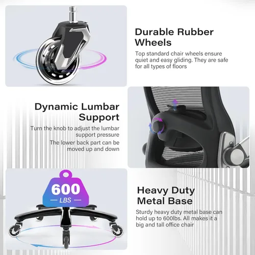 Miniatura 8 de Silla de oficina grande y alta, 600 libras con brazos abatibles 3D, reposacabezas ajustables, ruedas grandes resistentes, silla de escritorio negro