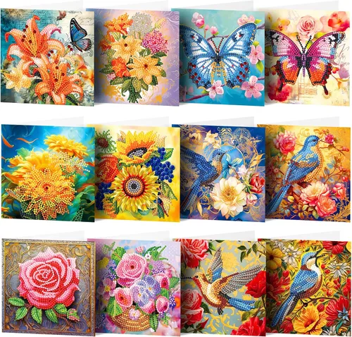 pigpigboss Paquete de 12 tarjetas de felicitación con diseño de flores, mariposas y diamantes, tarjetas de cumpleaños con sobre, tarjeta de