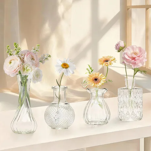 Miniatura 4 de KJHL Juego de 4 jarrones pequeños de cristal para flores, jarrones de flores pequeños transparentes vintage para centros de mesa de boda, mini