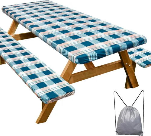 Miniatura 22 de Funda de mesa de picnic con fundas para bancos Esenciales de camping Mantel de picnic impermeable y a prueba de viento con bolsa de cordón, funda