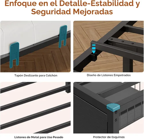 Miniatura 9 de DICTAC Marco de cama esquinero con 2 cajones de almacenamiento y cabecero de estantería individual XL, marco de cama de plataforma de metal con Negro