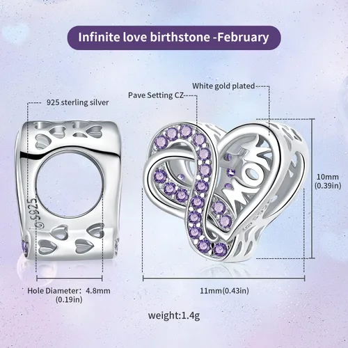 Miniatura 4 de VOROCO Sterling Silver Mom Charm Birthstone for Bracelets and Necklacesfront and back Consistent Infinity charms Heart for Mothers Birthday