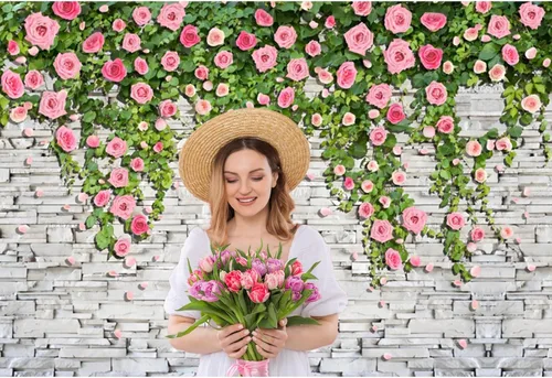 Miniatura 3 de Pared de ladrillo de 5 x 3 pies con telón de fondo floral rosa para fiesta, plantas verdes, fondo de fotos de pared, boda, dulce niña, fiesta