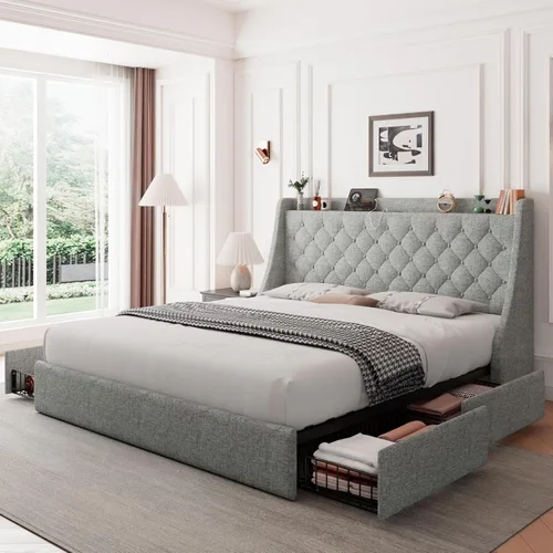 Miniatura 11 de Feonase Marco de cama tapizado de tamaño completo con 4 cajones de almacenamiento, cabecera de almacenamiento grande tipo wingback, no necesita Negro