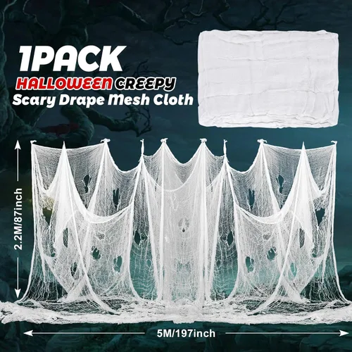 Miniatura 3 de Whaline Tela espeluznante blanca de Halloween de 197 x 87 pulgadas, ropa de gasa espeluznante, decoración de Halloween para casas embrujadas