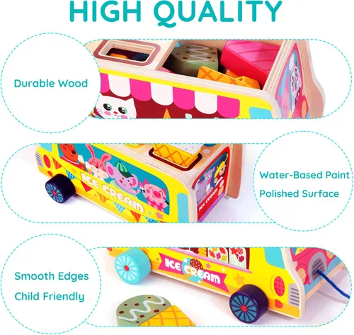 Miniatura 11 de HELLOWOOD Camión de helados de madera, 28 piezas magnéticas de helados dulces, alimentos y accesorios, juguetes Montessori de clasificación