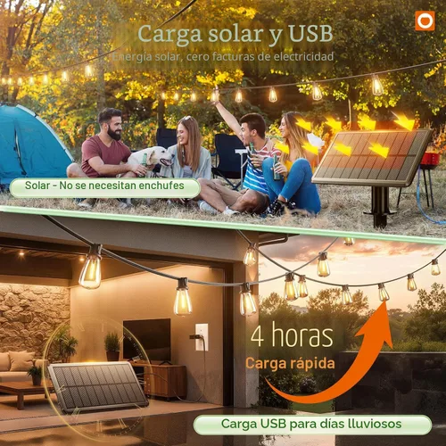 Miniatura 3 de addlon Luces de Cadena Solares de 33 (27+6) Pies Impermeables, Luz de Patio Solar con Control Remoto y Puerto USB, 9+1 Bombillas LED Irrompibles, 3