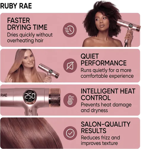 Miniatura 4 de RUBY RAE Secador de pelo Ionic de 2000 W, secador profesional de doble voltaje con difusor, diseño ligero, secado rápido, tecnología de bajo ruido