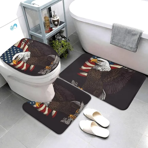 Juego de 3 alfombras de baño con estampado de águila patriótica de Estados Unidos con estampado de bandera estadounidense, tapete de contorno