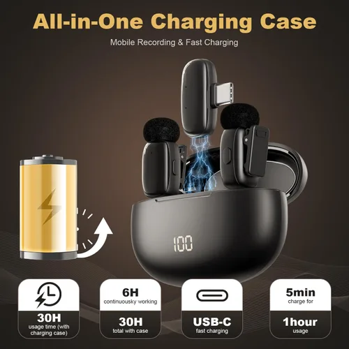 Miniatura 2 de Mini micrófono inalámbrico Lavalier para iPhone, iPad, Android, batería de larga duración de 30 horas, rango inalámbrico de 100 pies, cancelación