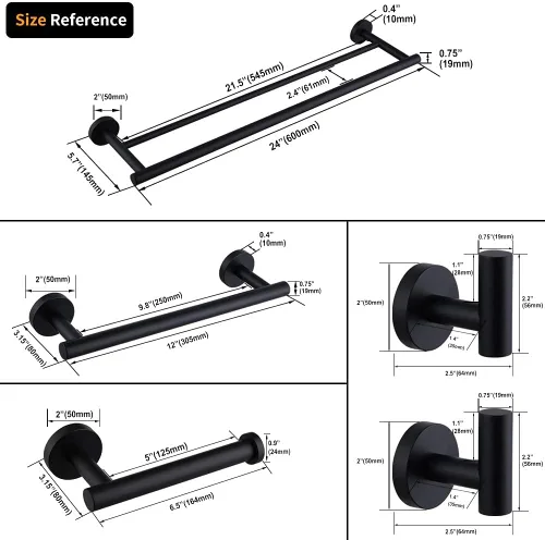 Miniatura 6 de Kit de accesorios de baño negro mate de 5 piezas para montar en la pared, incluye toallero doble de 24 pulgadas, barra de toalla de mano de 12