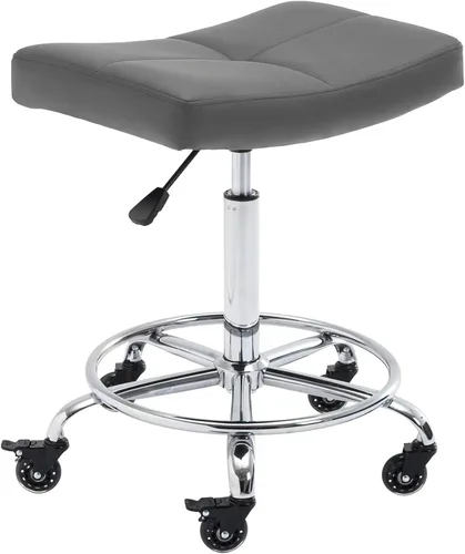 Taburete enrollable ajustable resistente con asiento ancho, ruedas de goma bloqueables y reposapiés, silla giratoria para cocina, laboratorio, Gris