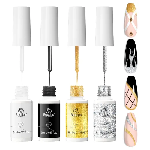 Miniatura 10 de Beetles - Esmalte de uñas de gel con purpurina reflectante y brillo de diamante, 2 piezas, juego de esmalte de uñas de gel con rayas negras