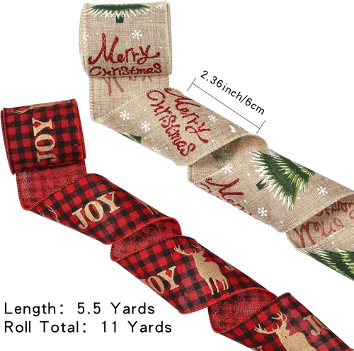 Miniatura 2 de Cinta de Navidad con cable de 2.5 pulgadas x 11 yardas, cinta de Navidad roja y de arpillera para coronas, lazos, manualidades, 2.5 pulgadas