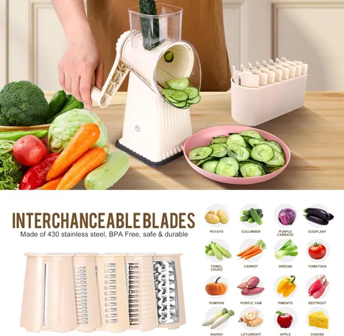 Miniatura 3 de Rallador rotativo de queso con 5 cuchillas bien diseñadas y base de succión fuerte, cortador de verduras de mandolina de cocina con caja de Blanco