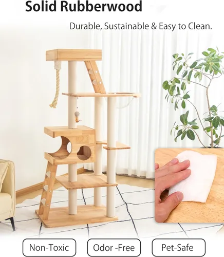 Miniatura 2 de Árbol de madera para gatos grandes, torre moderna para gatos de 62 pulgadas de alto con casita y postes rascadores, fácil de limpiar, de alta