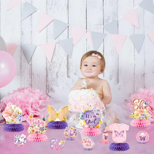 Miniatura 6 de JAPBOR 12 centros de mesa de mariposa para baby shower, fiesta de panal de abeja, decoraciones moradas y rosas para fiesta de revelación de género